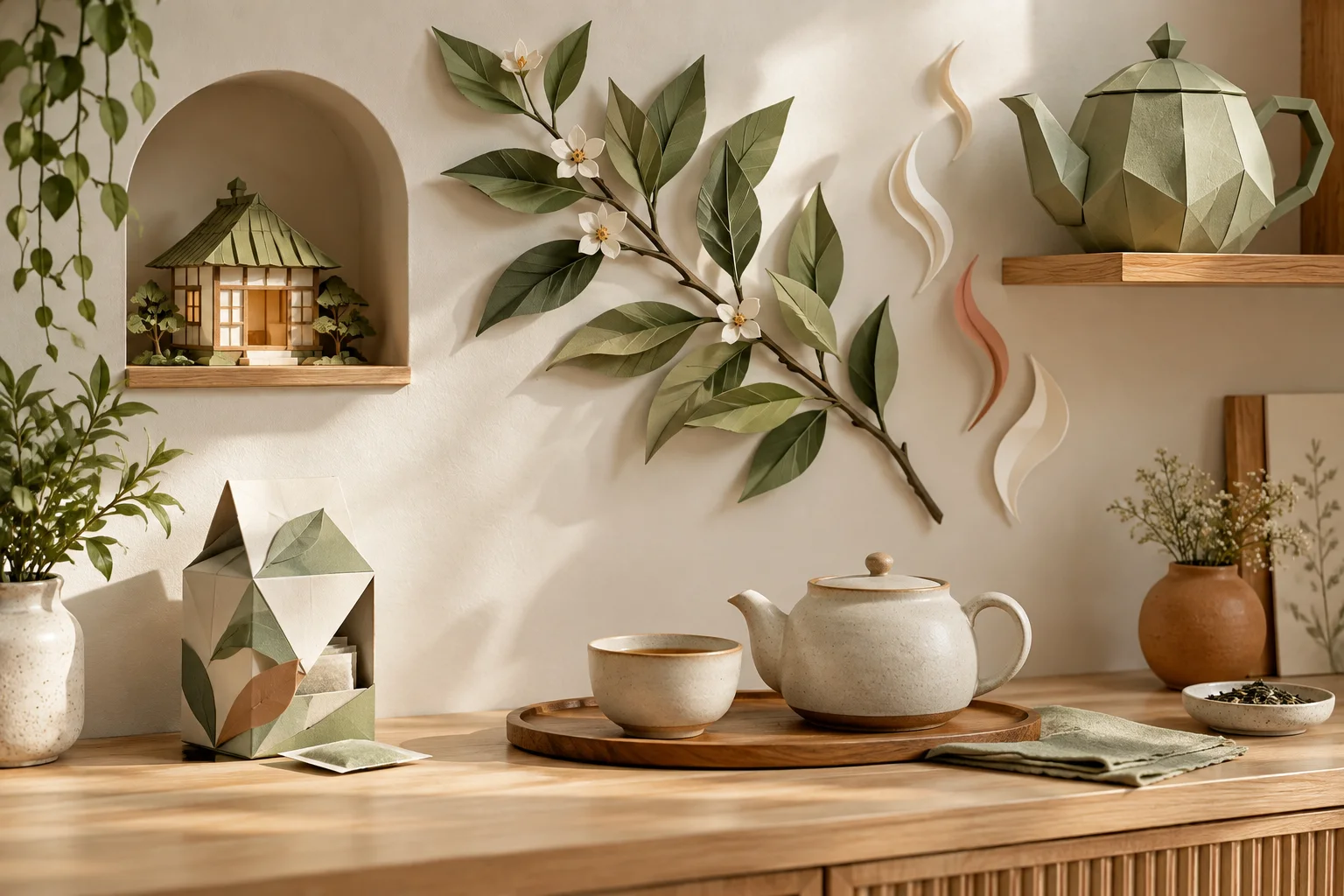 Coin thé élégant décoré d’une théière 3D, de feuilles, d’une boîte et d’une maison miniature en papier