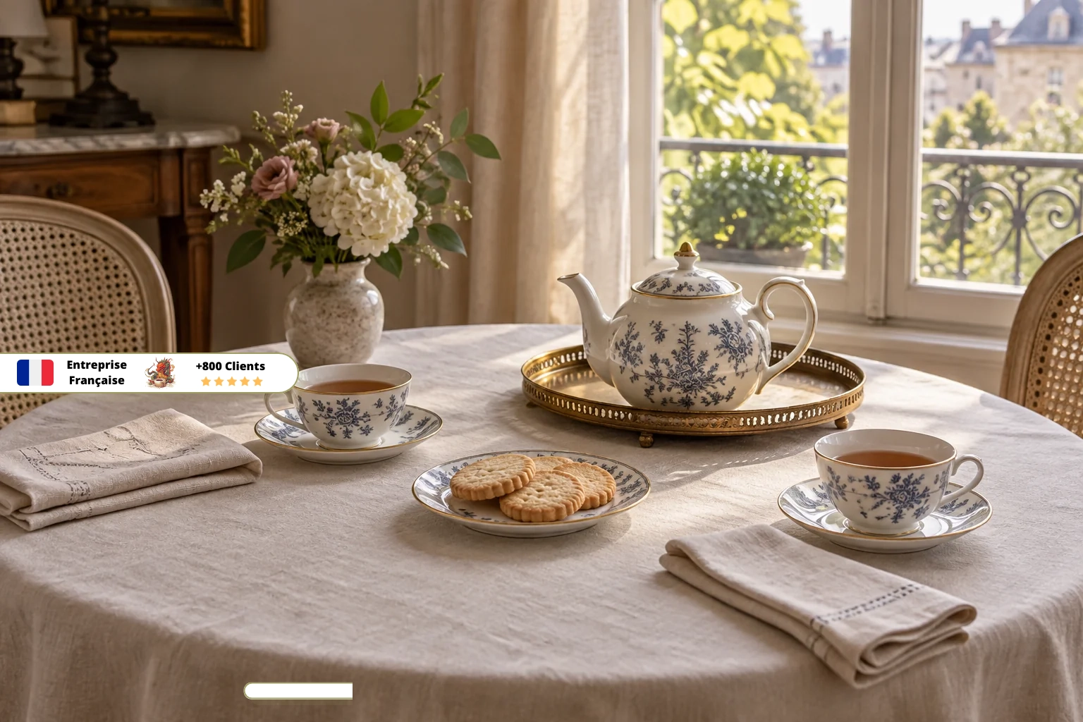 Table de thé pour deux avec théière, tasses, biscuits et serviettes sur nappe claire.