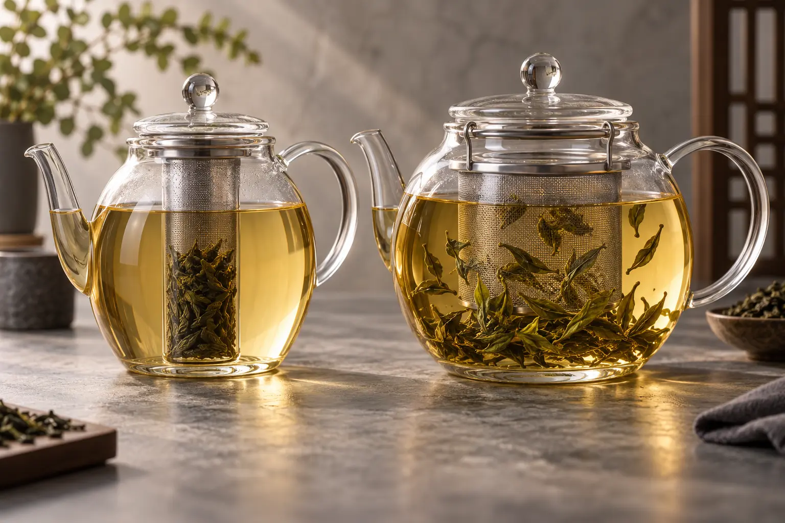 Deux théières comparant filtre étroit et grand infuseur amovible