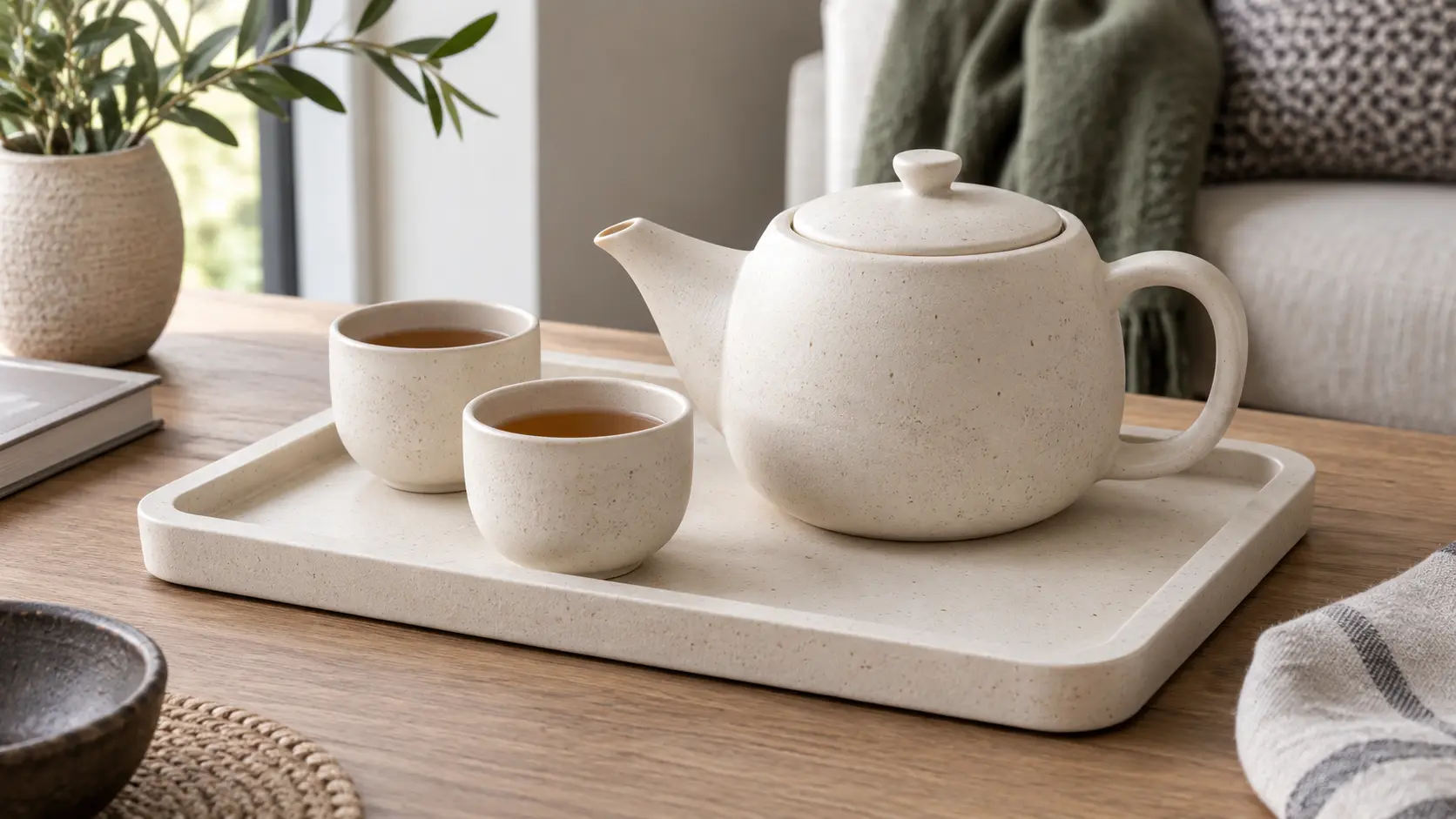 Plateau à thé en jesmonite crème avec une théière et deux tasses